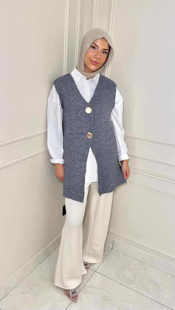 CARDIGAN AVEC BOUTON DORÉ • GRIS
